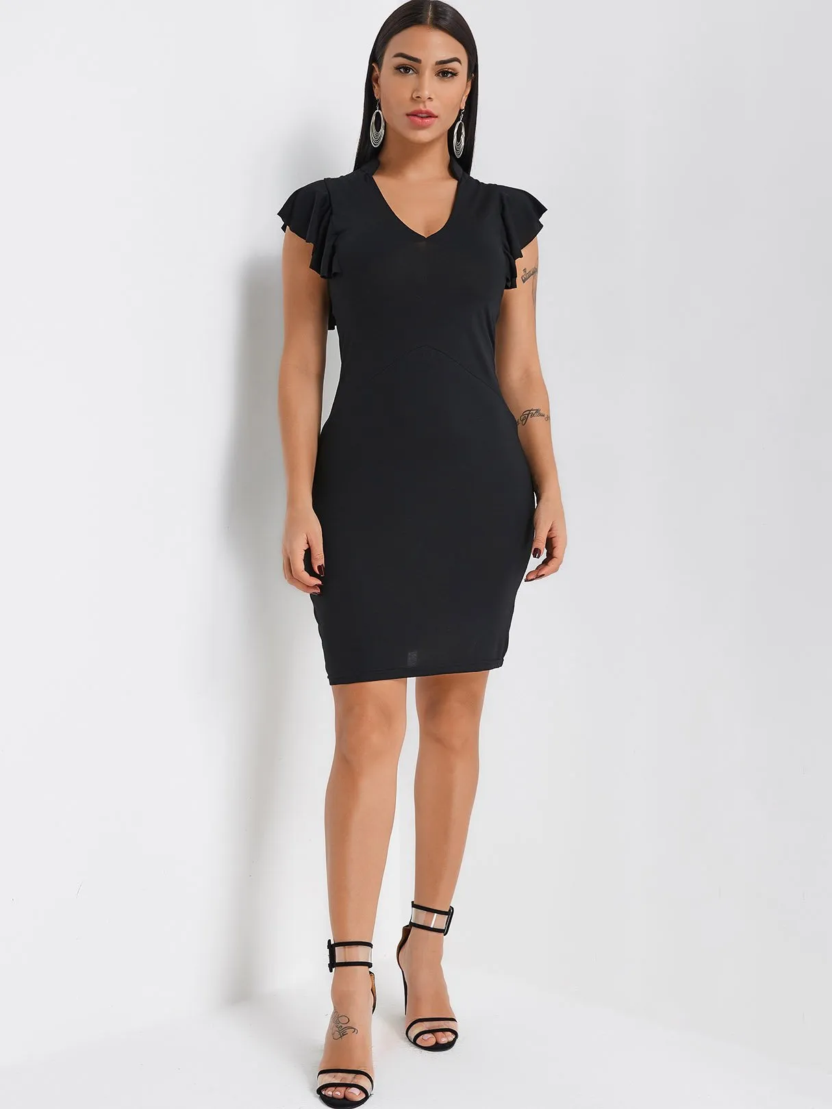 Wholesale Black Deep V Neck Sleeveless Plain Bodycon Dresses