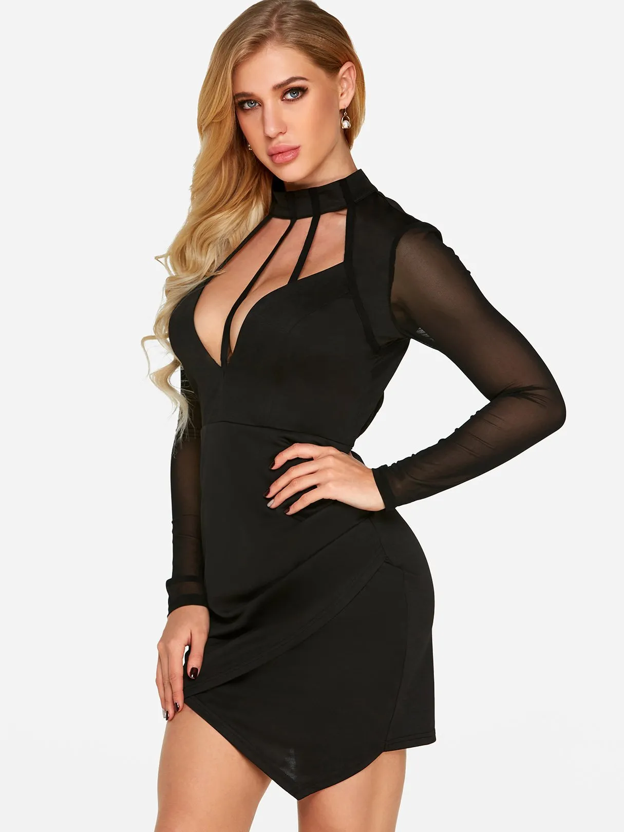 Wholesale Black Halter Deep V Neck Long Sleeve Plain Crossed Front Zip Back Backless Lace-Up See Through Dresses