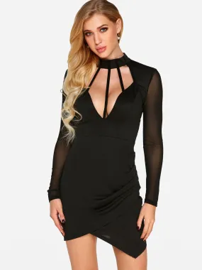 Wholesale Black Halter Deep V Neck Long Sleeve Plain Crossed Front Zip Back Backless Lace-Up See Through Dresses