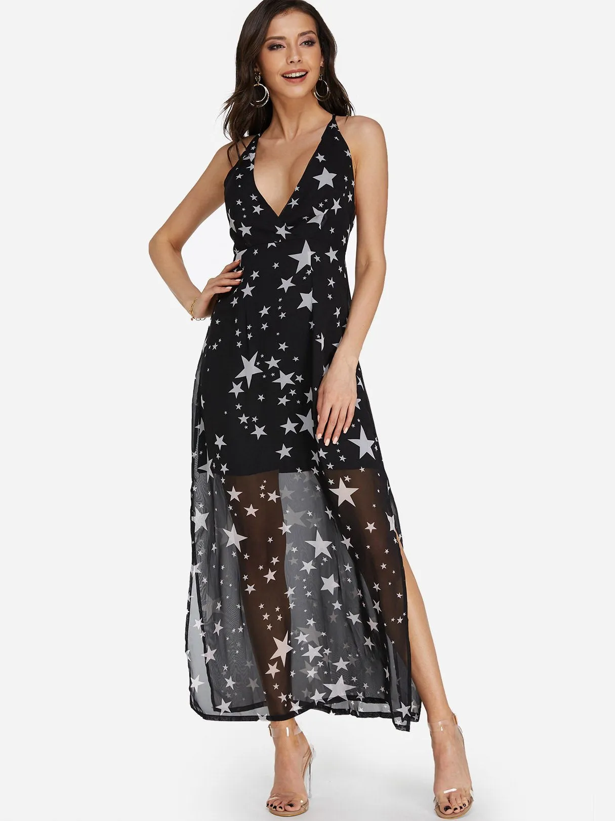 Wholesale Black Halter V-Neck Sleeveless Star Backless Criss-Cross Slit Hem Dresses