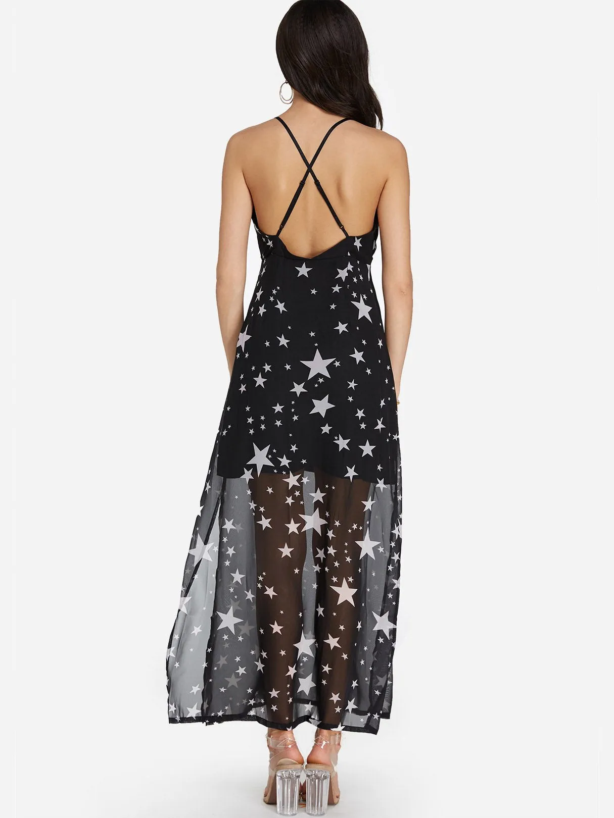 Wholesale Black Halter V-Neck Sleeveless Star Backless Criss-Cross Slit Hem Dresses