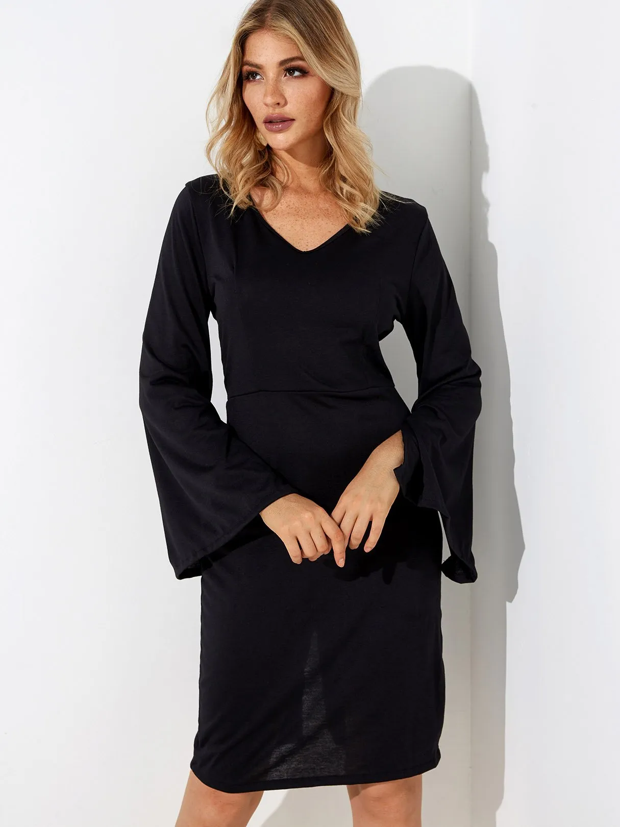 Wholesale Black V-Neck Long Sleeve Plain Slit Dress