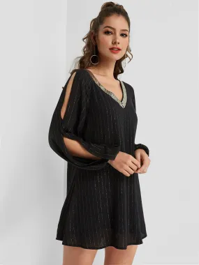 Wholesale Black V-Neck Long Sleeve Stripe Cut Out Dresses