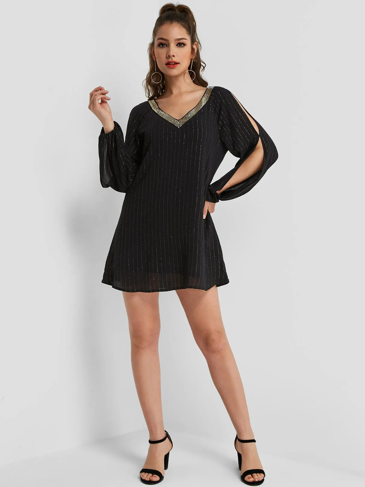 Wholesale Black V-Neck Long Sleeve Stripe Cut Out Dresses