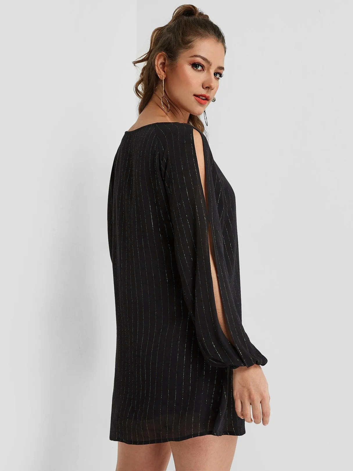 Wholesale Black V-Neck Long Sleeve Stripe Cut Out Dresses