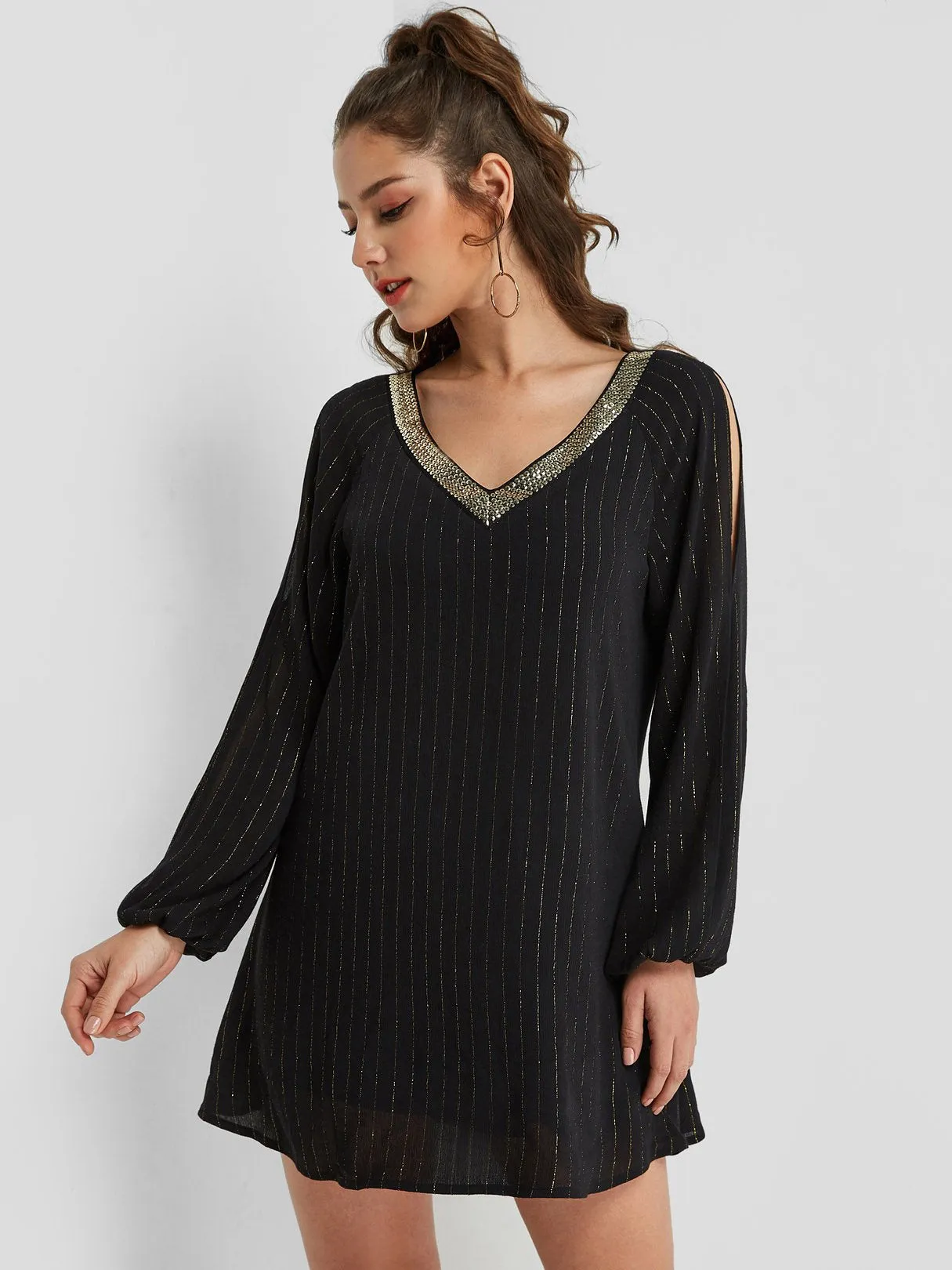 Wholesale Black V-Neck Long Sleeve Stripe Cut Out Dresses