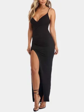 Wholesale Black V-Neck Sleeveless Crossed Front Backless Pleated Slit Hem High-Waisted Dress