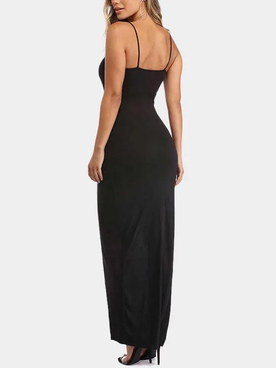 Wholesale Black V-Neck Sleeveless Crossed Front Backless Pleated Slit Hem High-Waisted Dress