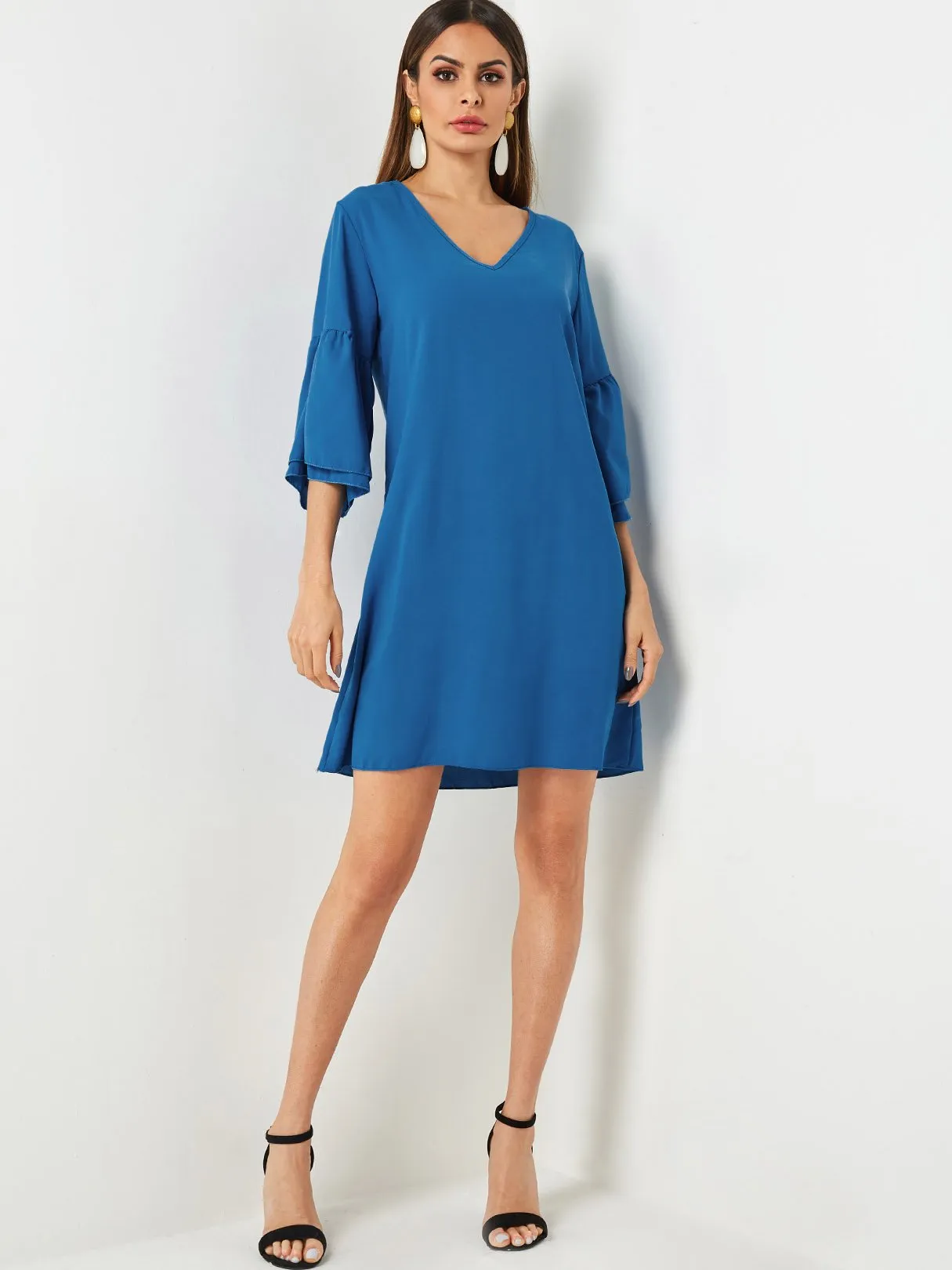 Wholesale Blue V-Neck Half Sleeve Dresses