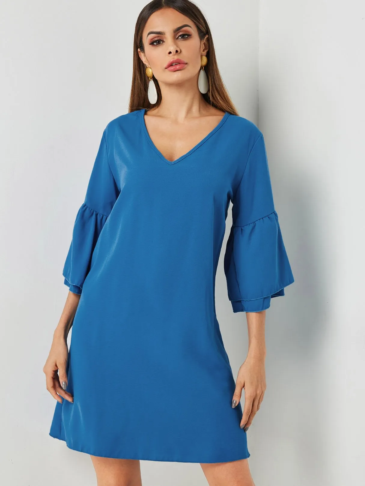 Wholesale Blue V-Neck Half Sleeve Dresses