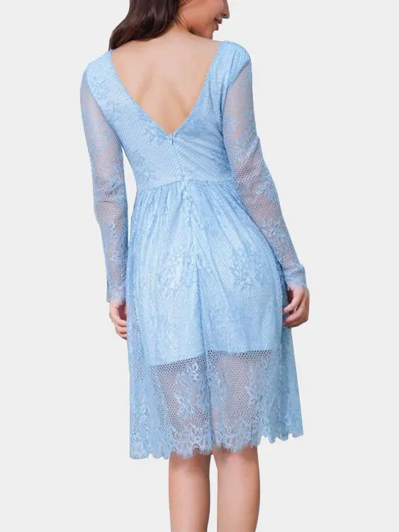 Wholesale Blue V-Neck Long Sleeve Plain Lace Zip Back High Waist Dresses