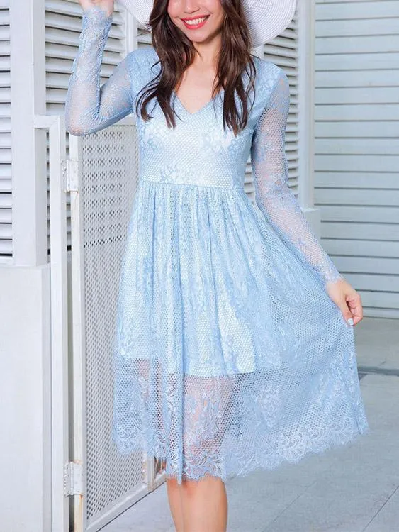 Wholesale Blue V-Neck Long Sleeve Plain Lace Zip Back High Waist Dresses