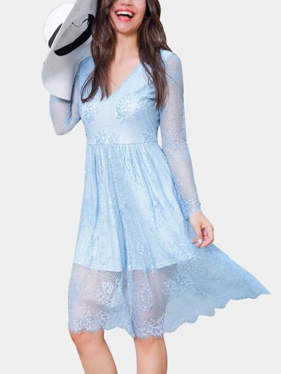 Wholesale Blue V-Neck Long Sleeve Plain Lace Zip Back High Waist Dresses