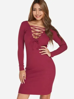 Wholesale Burgundy V-Neck Long Sleeve Criss-Cross Bodycon Hem Dresses