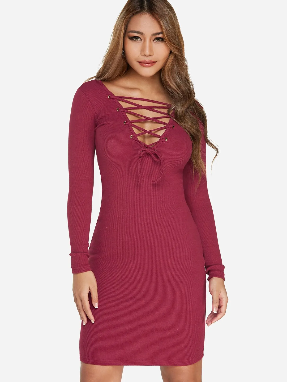 Wholesale Burgundy V-Neck Long Sleeve Criss-Cross Bodycon Hem Dresses