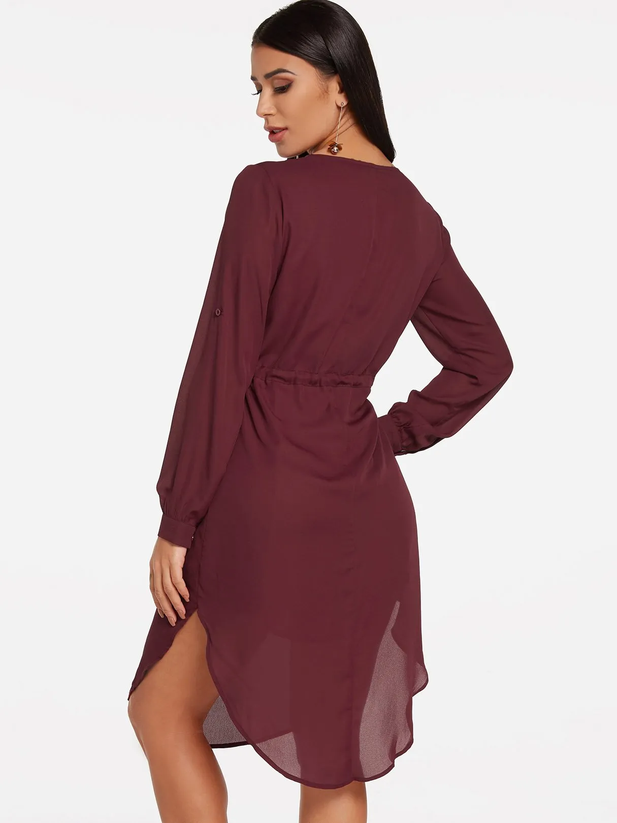 Wholesale Burgundy V-Neck Long Sleeve Plain Zip Back Curved Hem Dresses