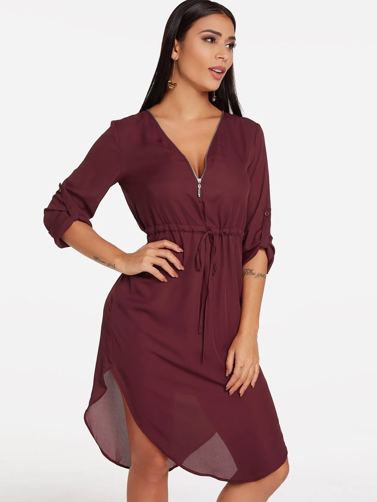 Wholesale Burgundy V-Neck Long Sleeve Plain Zip Back Curved Hem Dresses