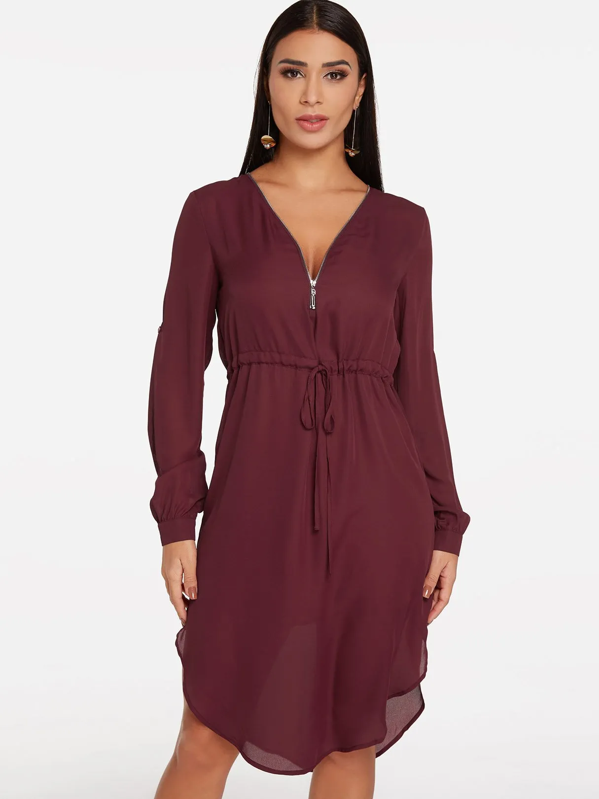 Wholesale Burgundy V-Neck Long Sleeve Plain Zip Back Curved Hem Dresses