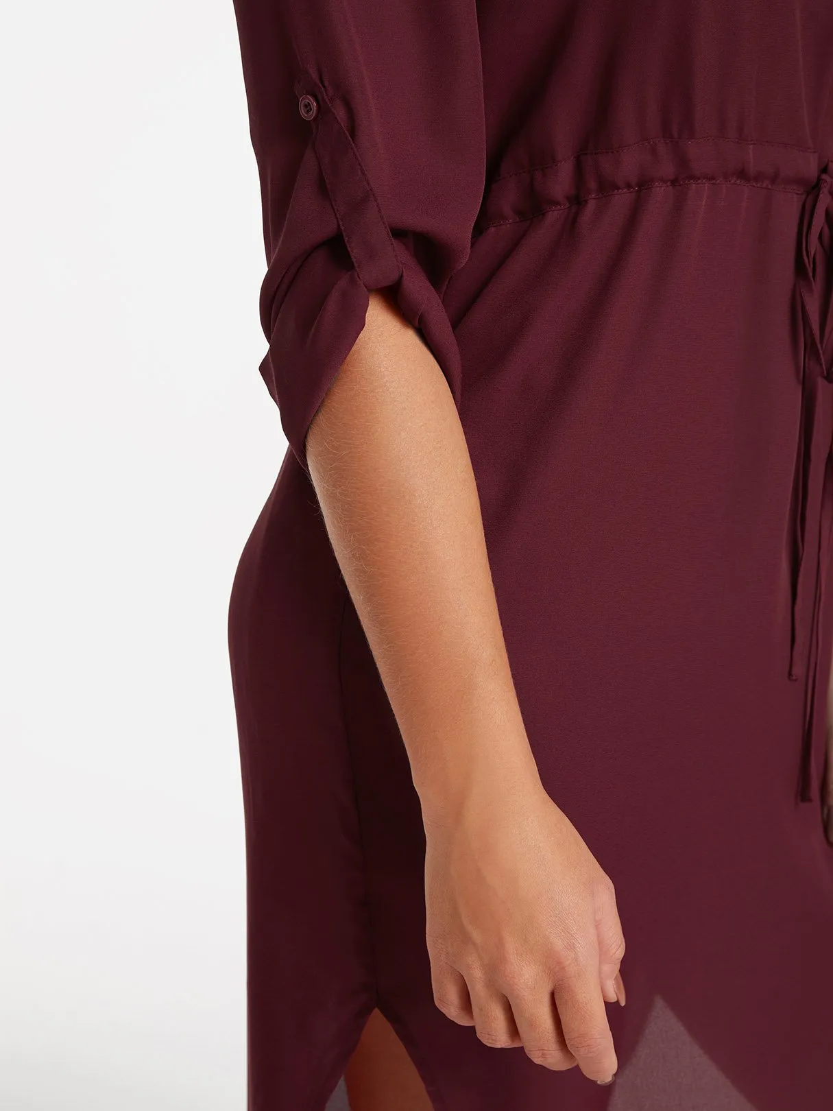 Wholesale Burgundy V-Neck Long Sleeve Plain Zip Back Curved Hem Dresses