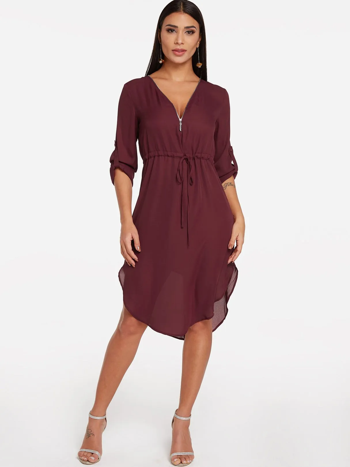 Wholesale Burgundy V-Neck Long Sleeve Plain Zip Back Curved Hem Dresses