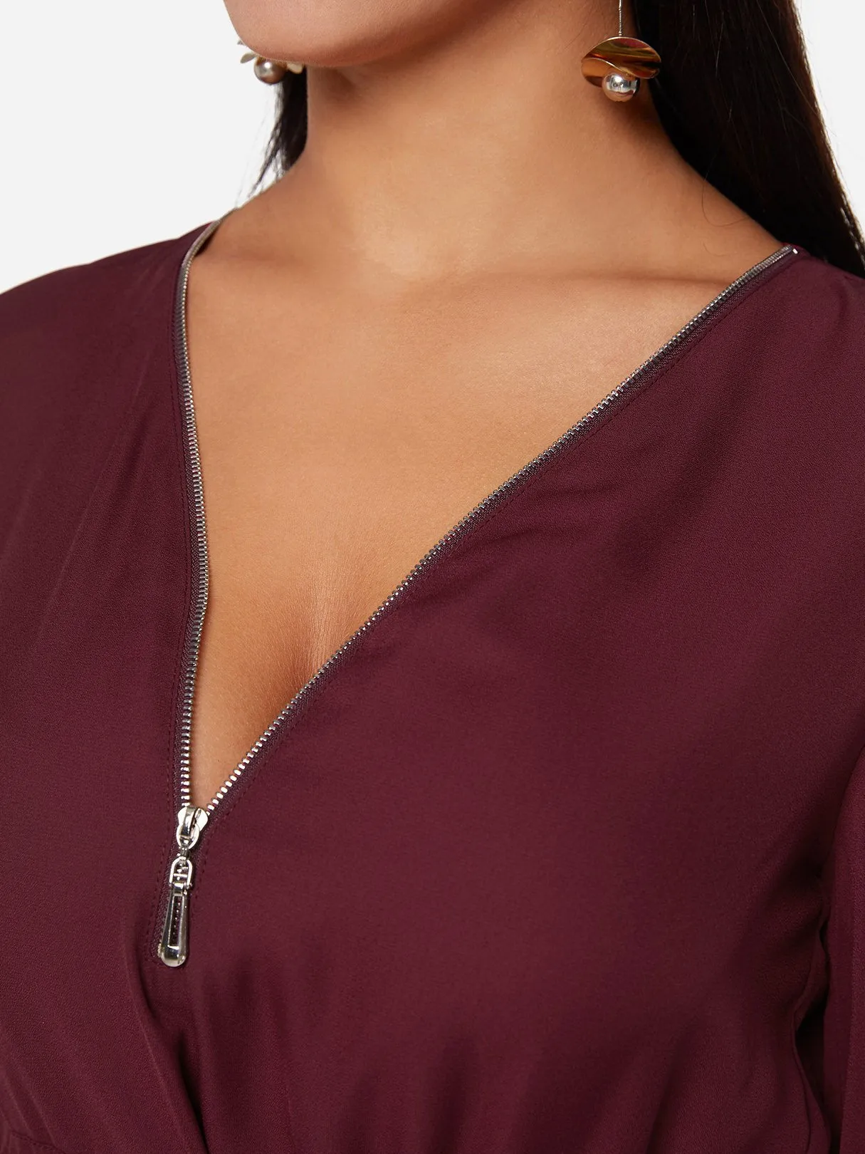 Wholesale Burgundy V-Neck Long Sleeve Plain Zip Back Curved Hem Dresses