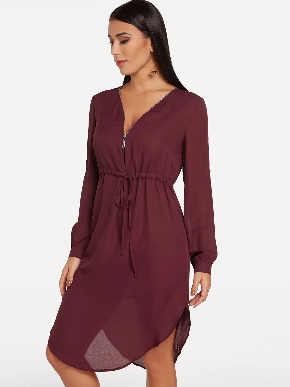 Wholesale Burgundy V-Neck Long Sleeve Plain Zip Back Curved Hem Dresses