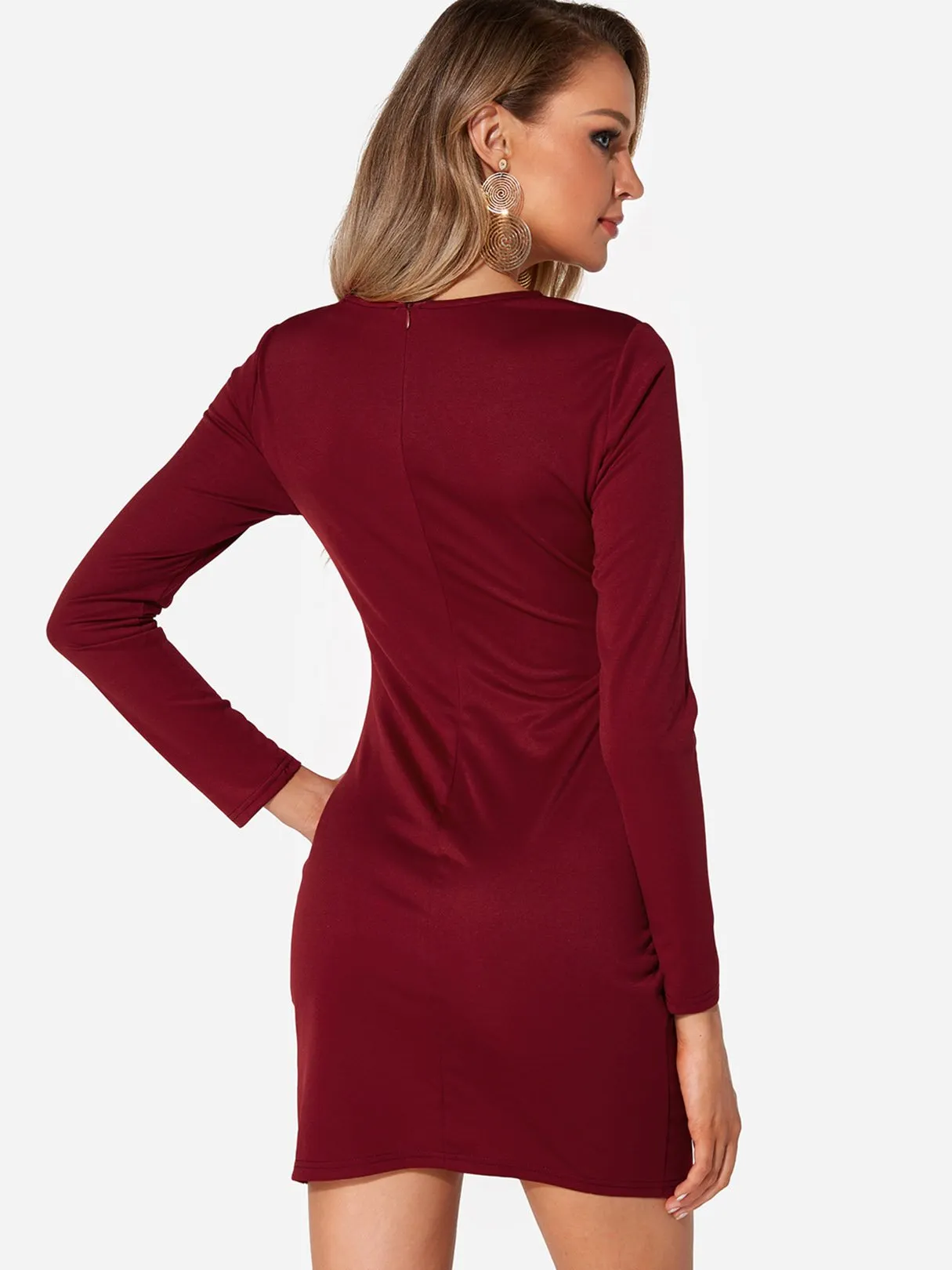 Wholesale Burgundy V-Neck Long Sleeve Pleated Slit Hem Dresses