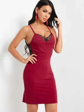 Wholesale Burgundy V-Neck Sleeveless Plain Zip Back Backless Spaghetti Strap Lace Insert Dresses