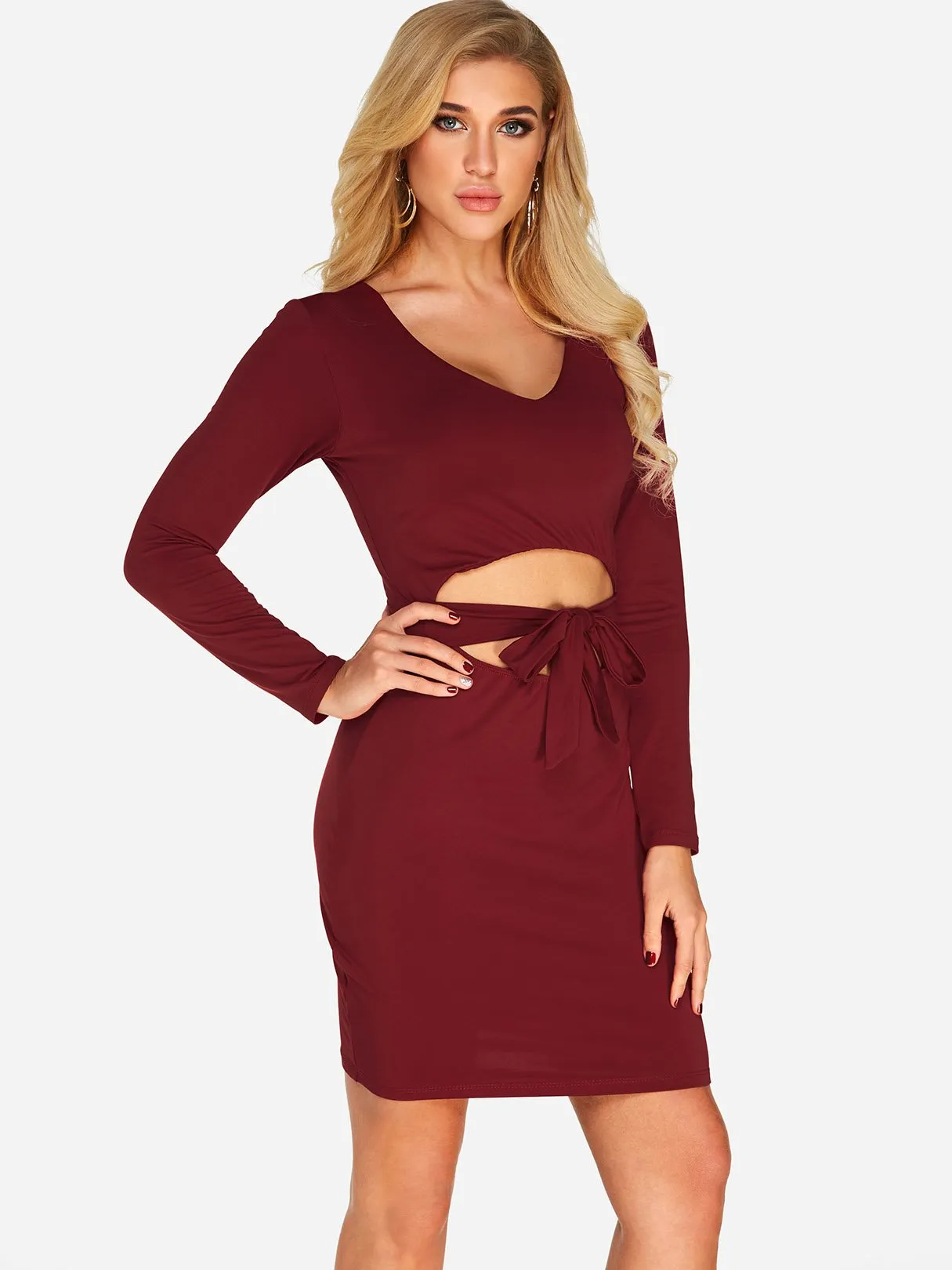 Wholesale Deep V Neck Long Sleeve Plain Self-Tie Dresses