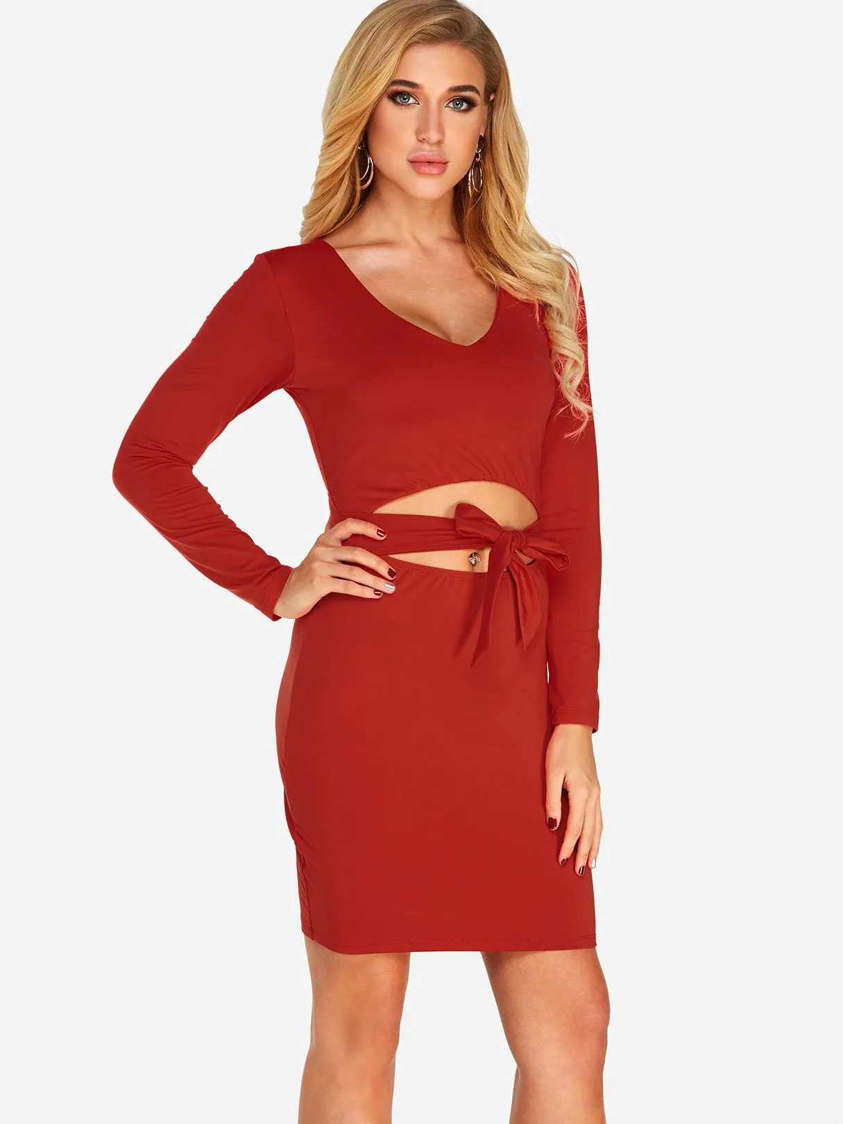 Wholesale Deep V Neck Long Sleeve Plain Self-Tie Dresses