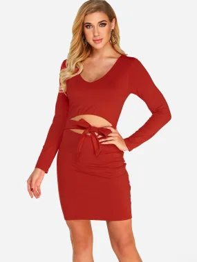 Wholesale Deep V Neck Long Sleeve Plain Self-Tie Dresses