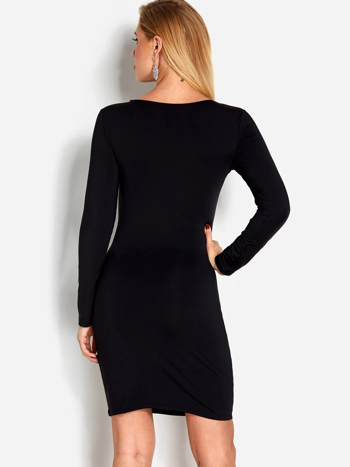 Wholesale Deep V Neck Long Sleeve Plain Self-Tie Dresses