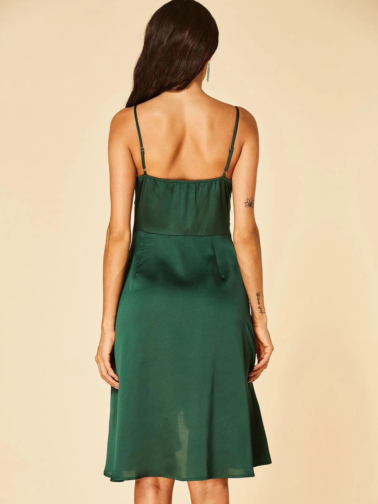 Wholesale Green Deep V Neck Sleeveless Plain Backless Slit Hem High-Waisted Dresses