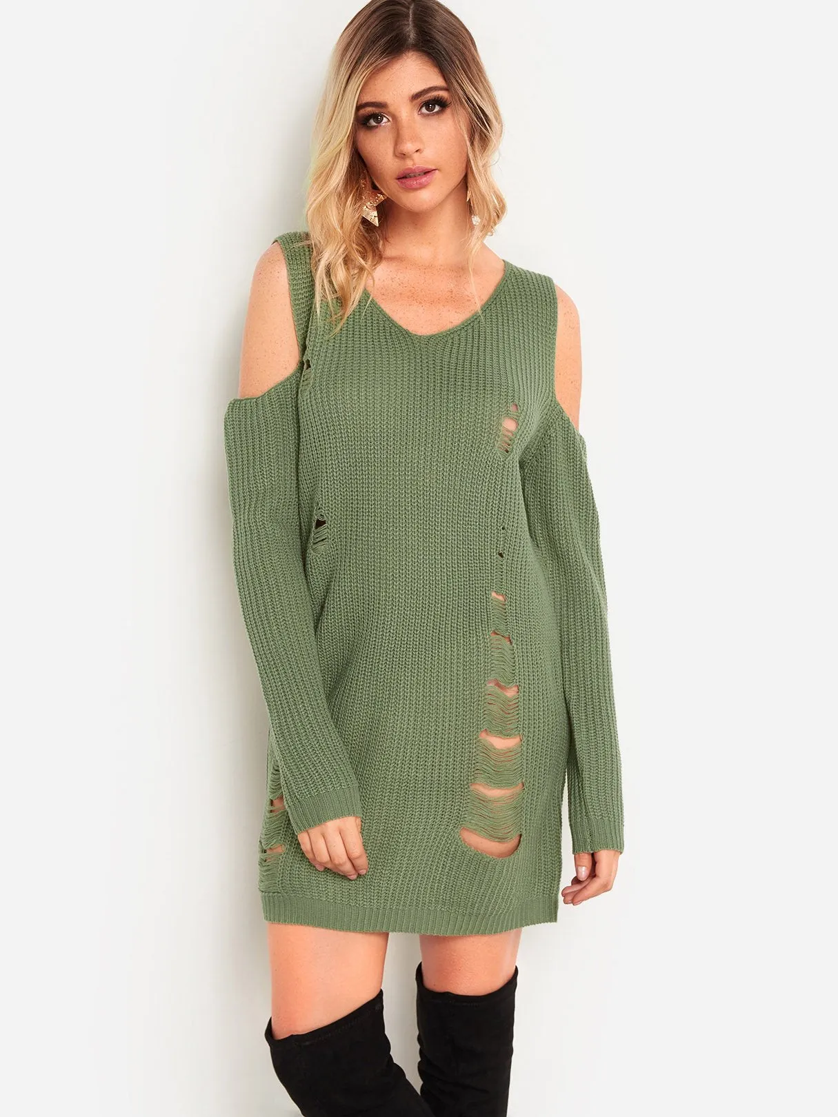 Wholesale Green V-Neck Cold Shoulder Long Sleeve Tassel Random Ripped Dresses