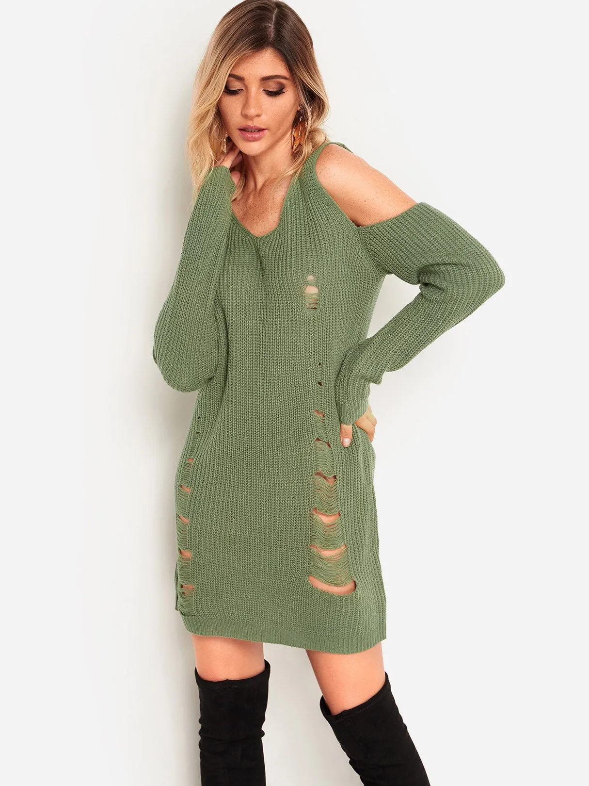 Wholesale Green V-Neck Cold Shoulder Long Sleeve Tassel Random Ripped Dresses