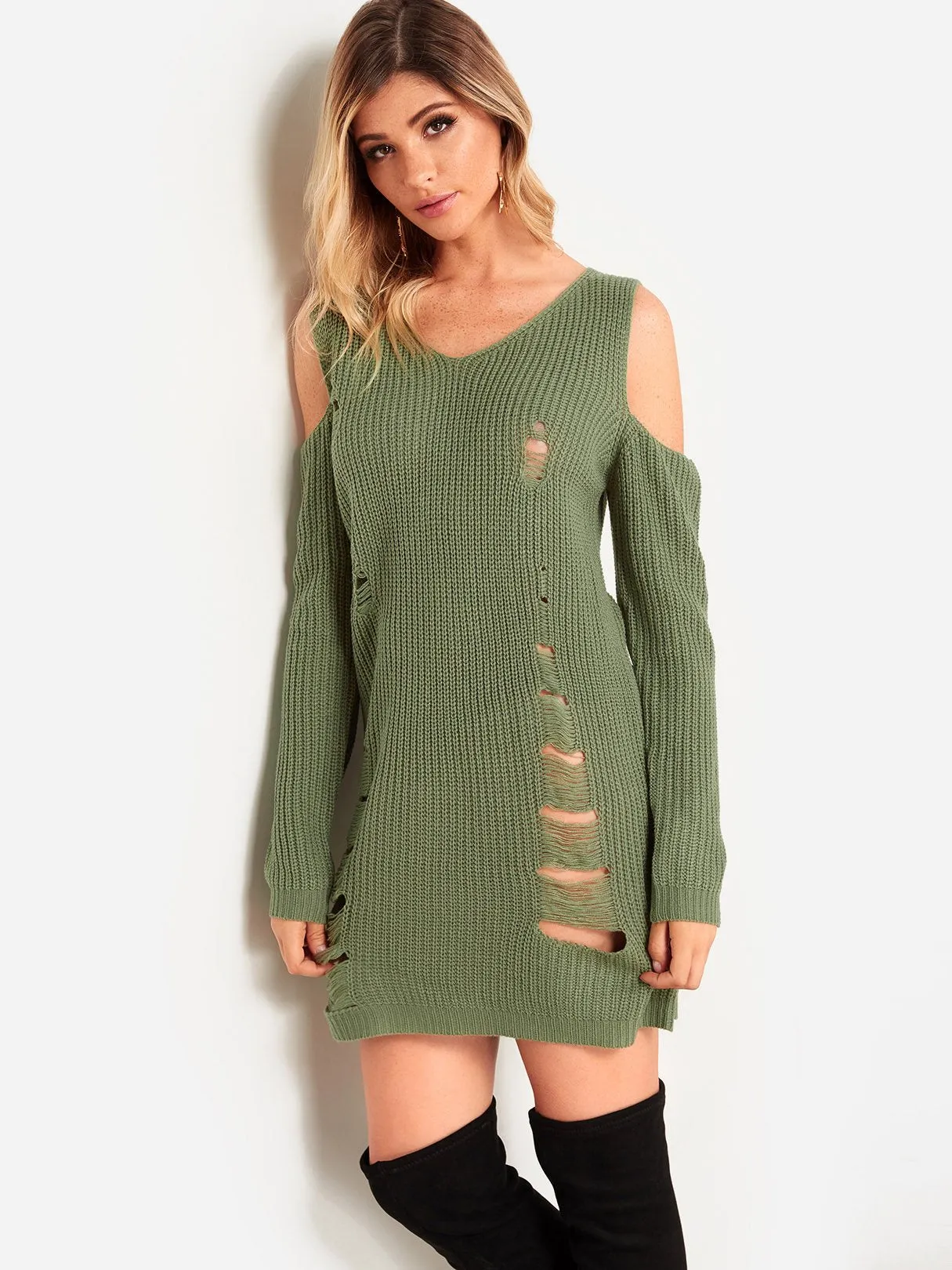 Wholesale Green V-Neck Cold Shoulder Long Sleeve Tassel Random Ripped Dresses