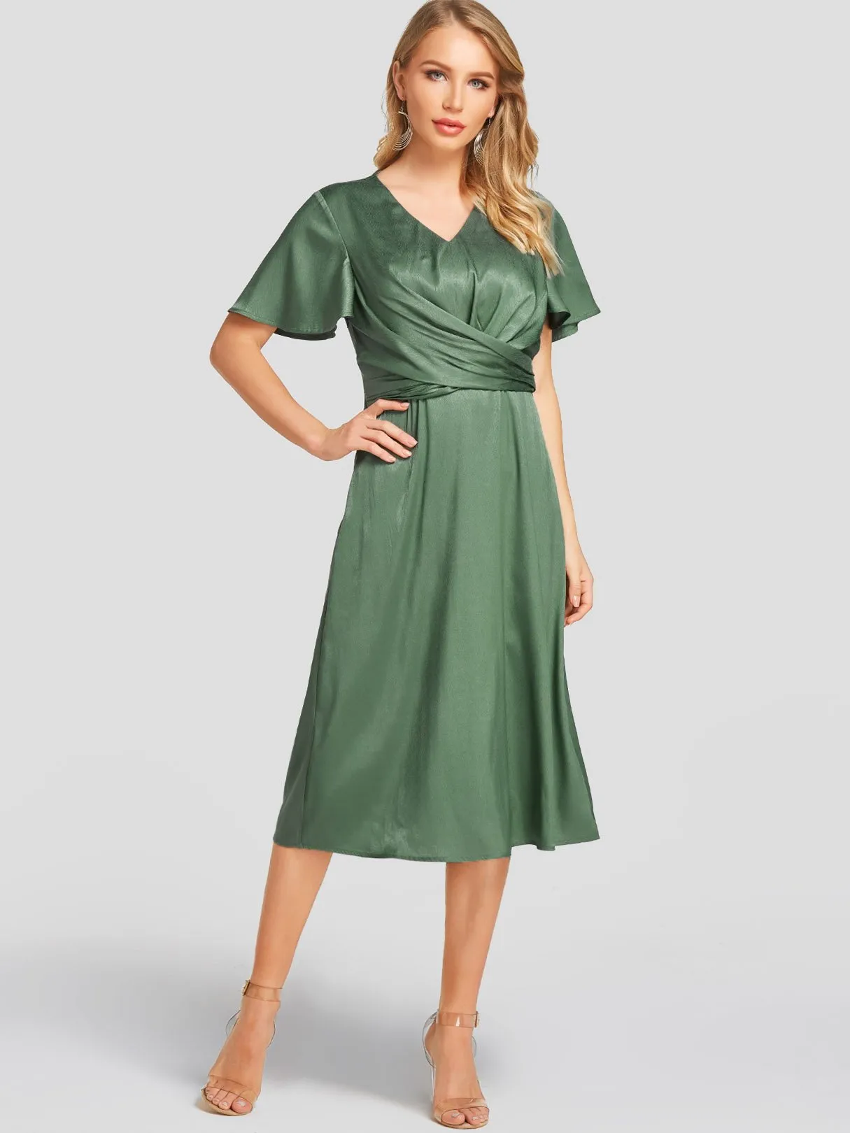 Wholesale Green V-Neck Short Sleeve Plain Crossed Front Dresses