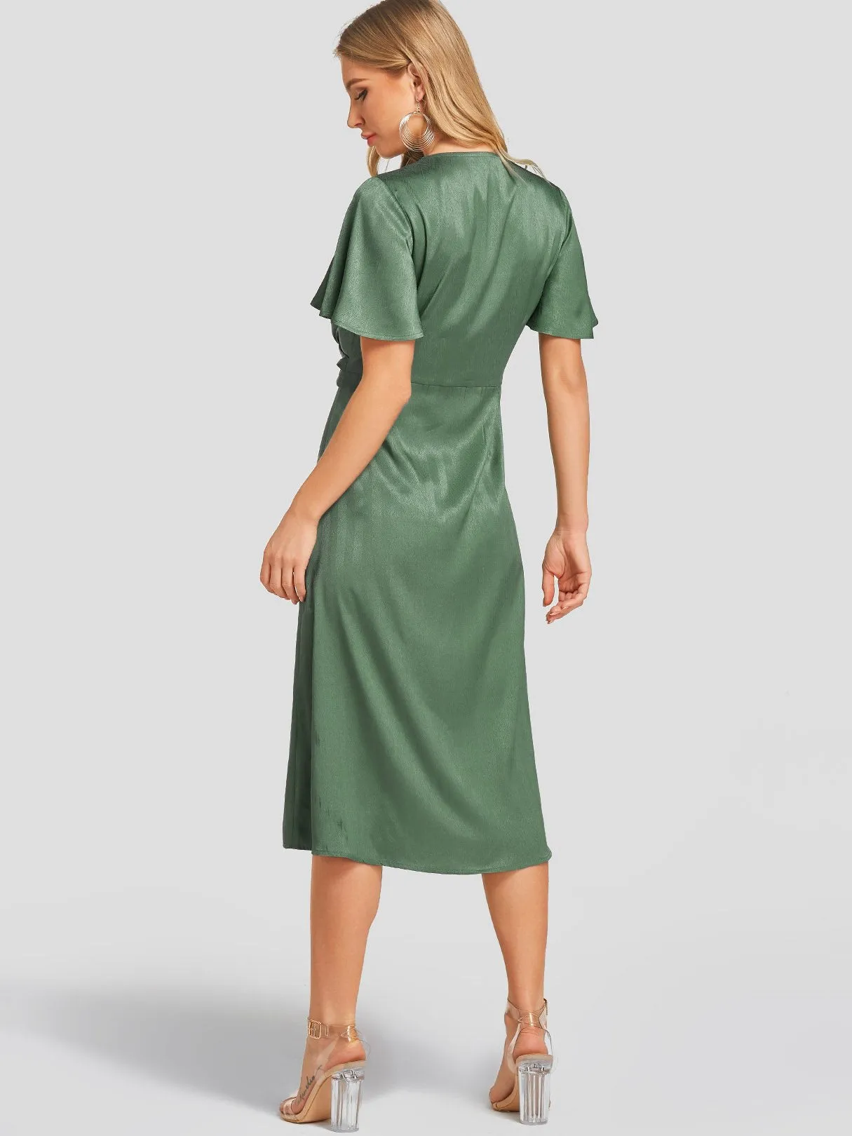 Wholesale Green V-Neck Short Sleeve Plain Crossed Front Dresses