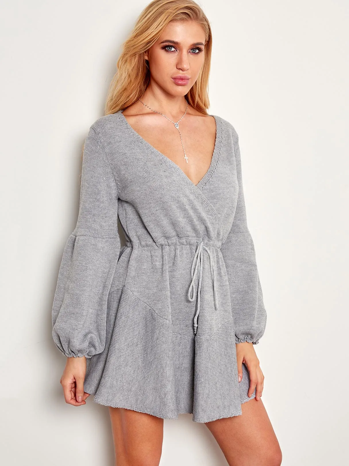 Wholesale Grey V-Neck Long Sleeve Lace-Up Wrap Dresses