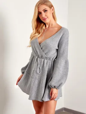 Wholesale Grey V-Neck Long Sleeve Lace-Up Wrap Dresses