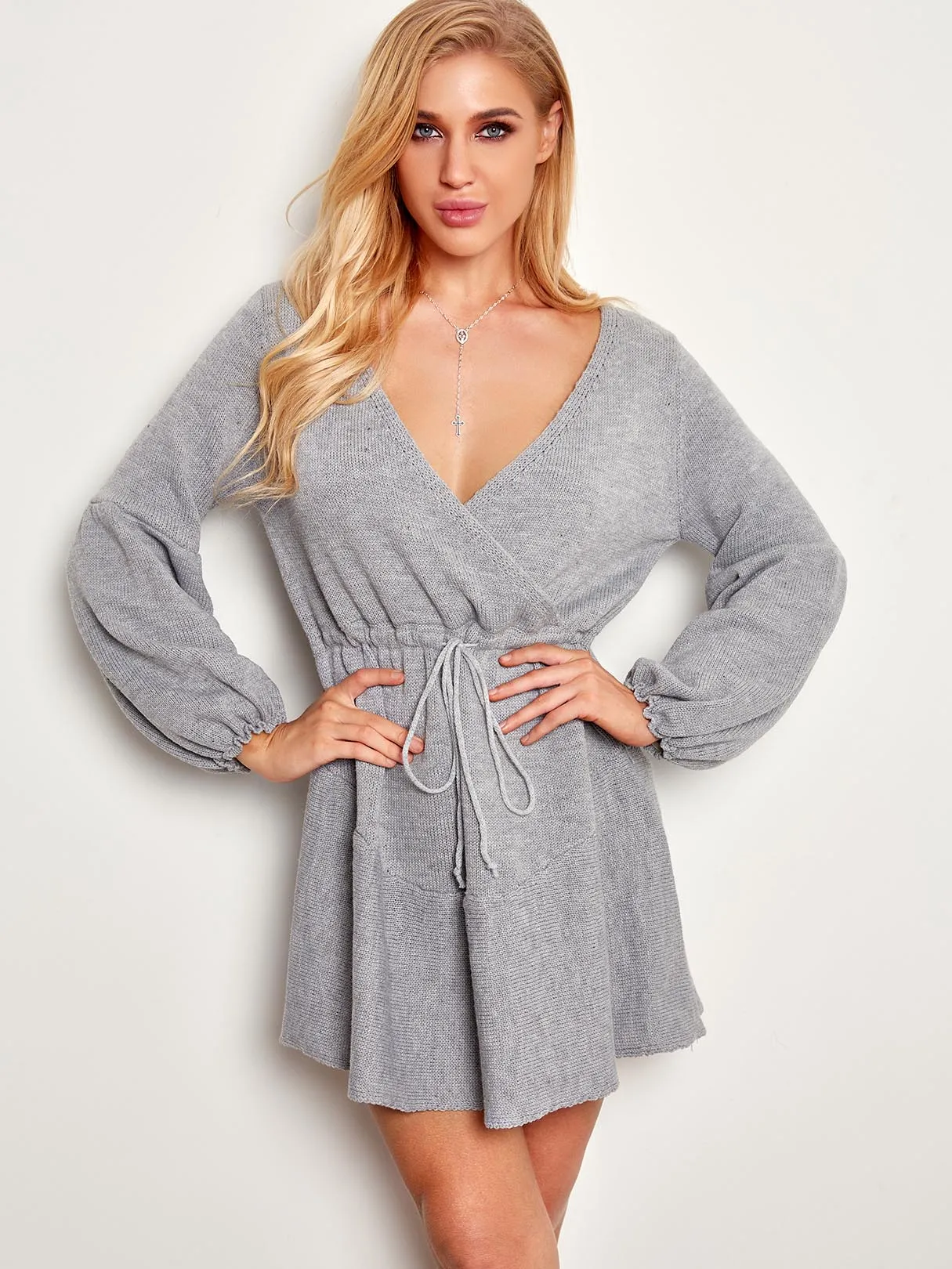 Wholesale Grey V-Neck Long Sleeve Lace-Up Wrap Dresses