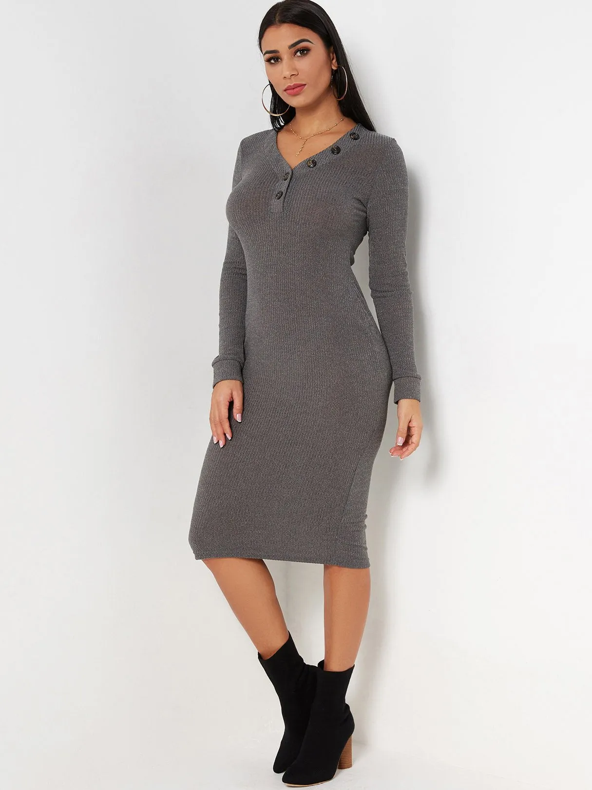 Wholesale Grey V-Neck Long Sleeve Plain Dresses