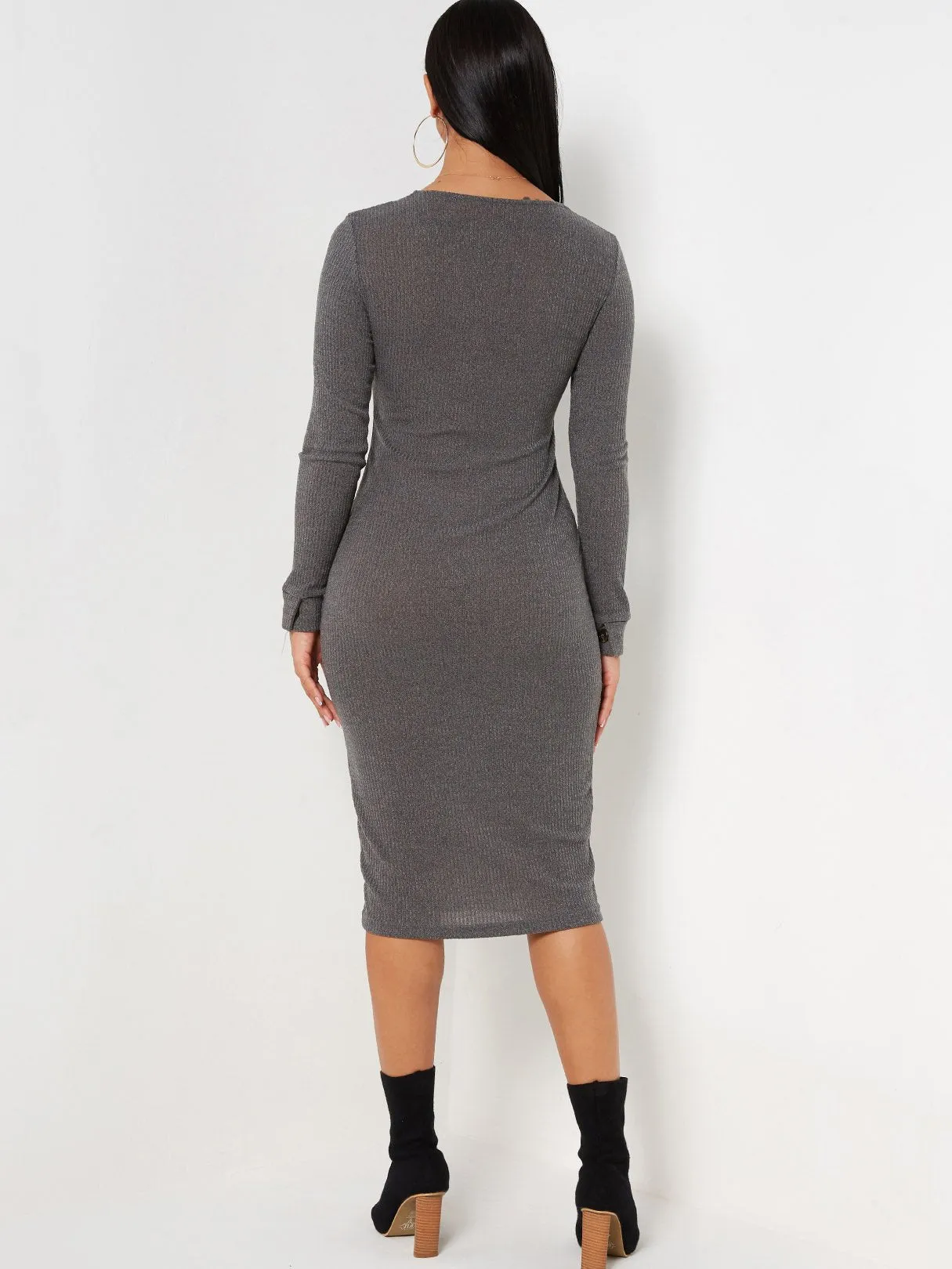 Wholesale Grey V-Neck Long Sleeve Plain Dresses