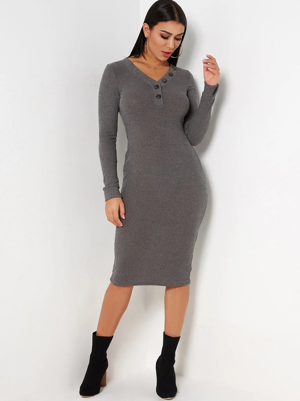 Wholesale Grey V-Neck Long Sleeve Plain Dresses