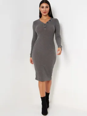 Wholesale Grey V-Neck Long Sleeve Plain Dresses