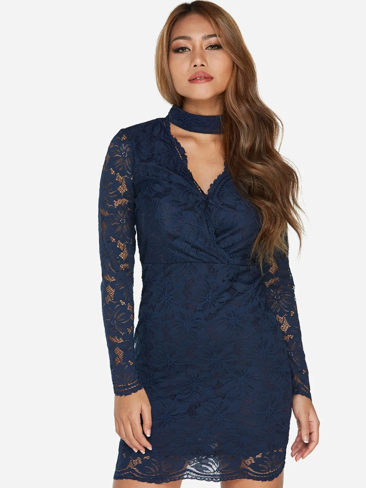 Wholesale Navy V-Neck Long Sleeve Lace Cut Out Dresses