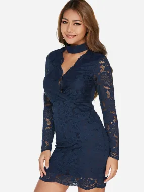 Wholesale Navy V-Neck Long Sleeve Lace Cut Out Dresses