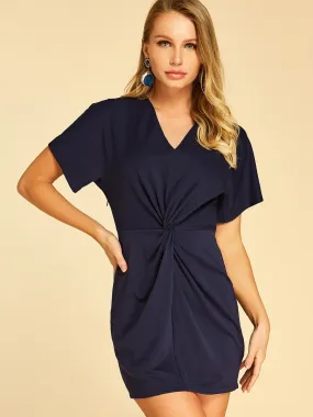 Wholesale Navy V-Neck Short Sleeve Plain Twist Dresses