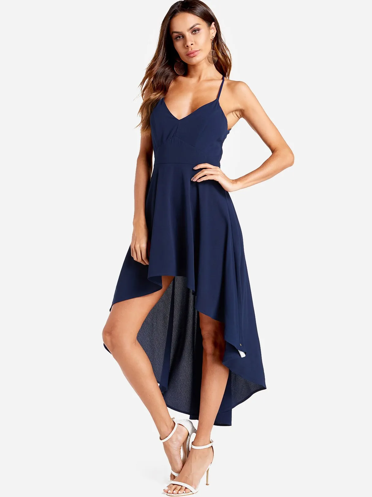 Wholesale Navy V-Neck Sleeveless Plain Lace Zip Back Backless Lace-Up Irregular Hem Dresses