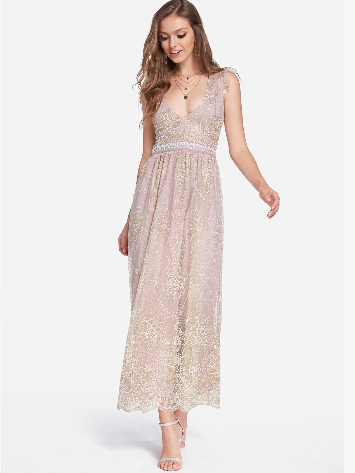 Wholesale Pink Deep V Neck Sleeveless Backless Sequins Embellished Self-Tie Criss-Cross High-Waisted Dresses